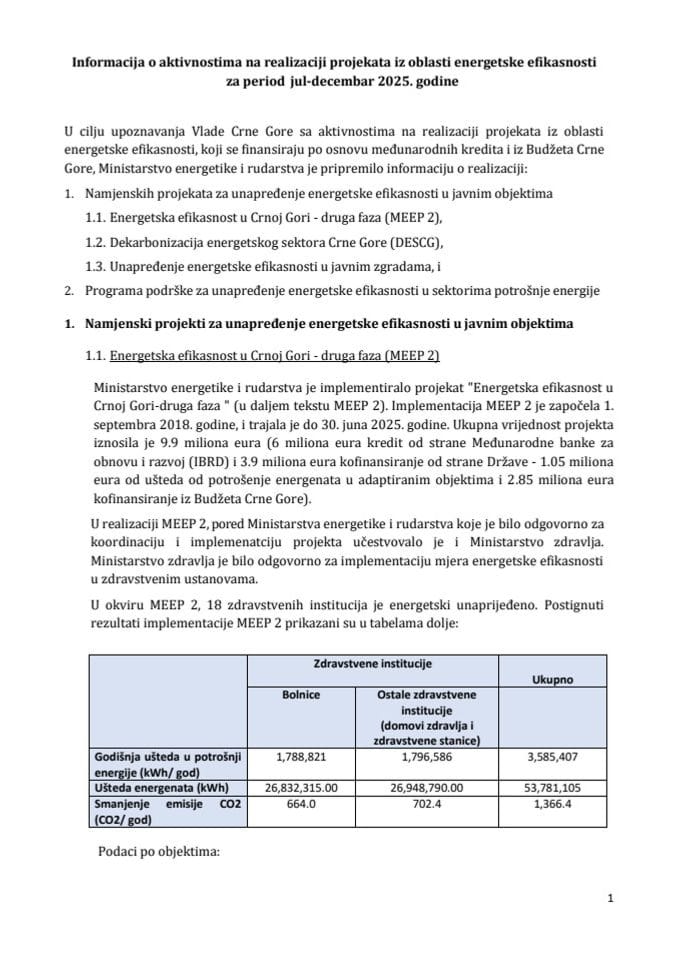 Информација о активностима на реализацији пројеката из области енергетске ефикасности за период јул-децембар 2025. године