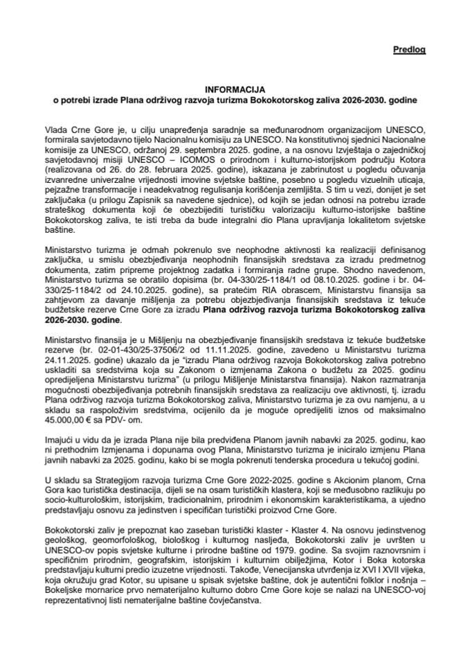 Informacija o potrebi izrade Plana održivog razvoja turizma Bokokotorskog zaliva 2026-2030. godine