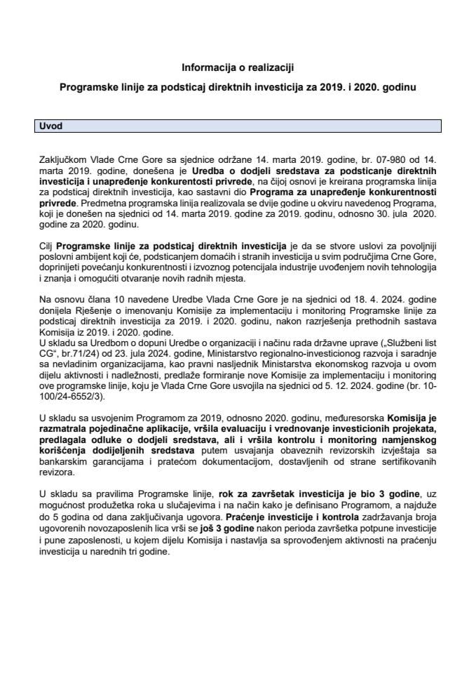 Informacija o relizaciji Programske linije za podsticaj direktnih investicija za 2019. i 2020. godinu