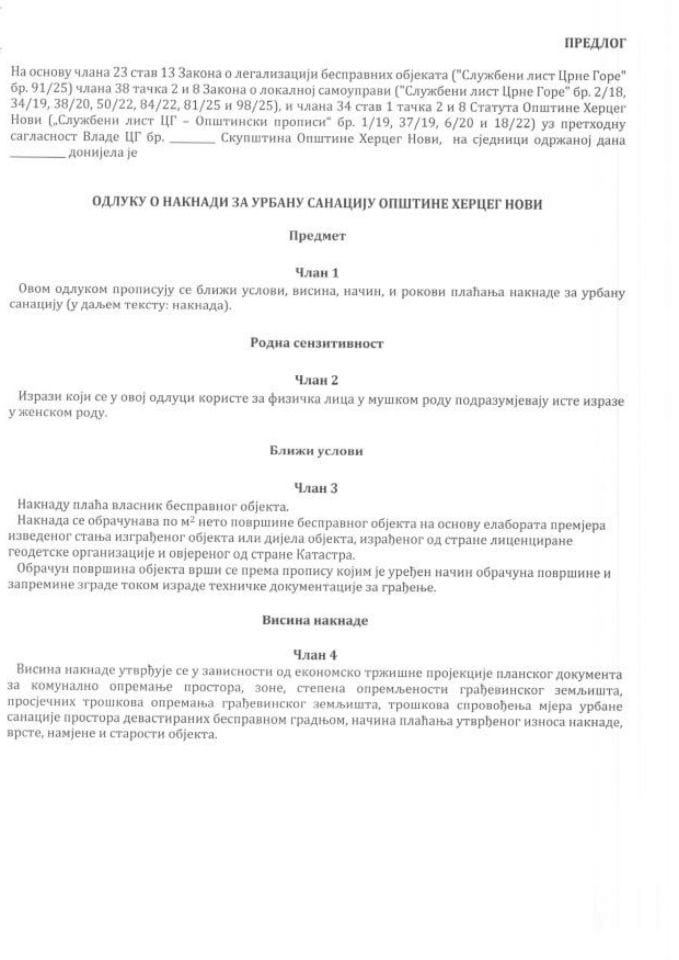 Предлог одлуке о накнади за урбану санацију Општине Херцег Нови
