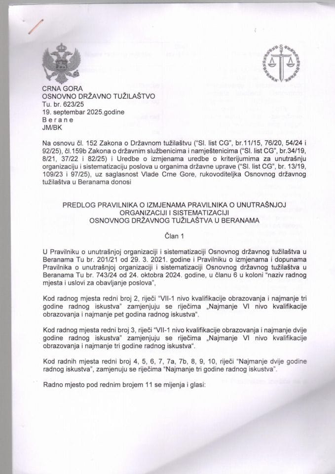 Предлог правилника о измјенама Правилника о унутрашњој организацији и систематизацији Основног државног тужилаштва у Беранама
