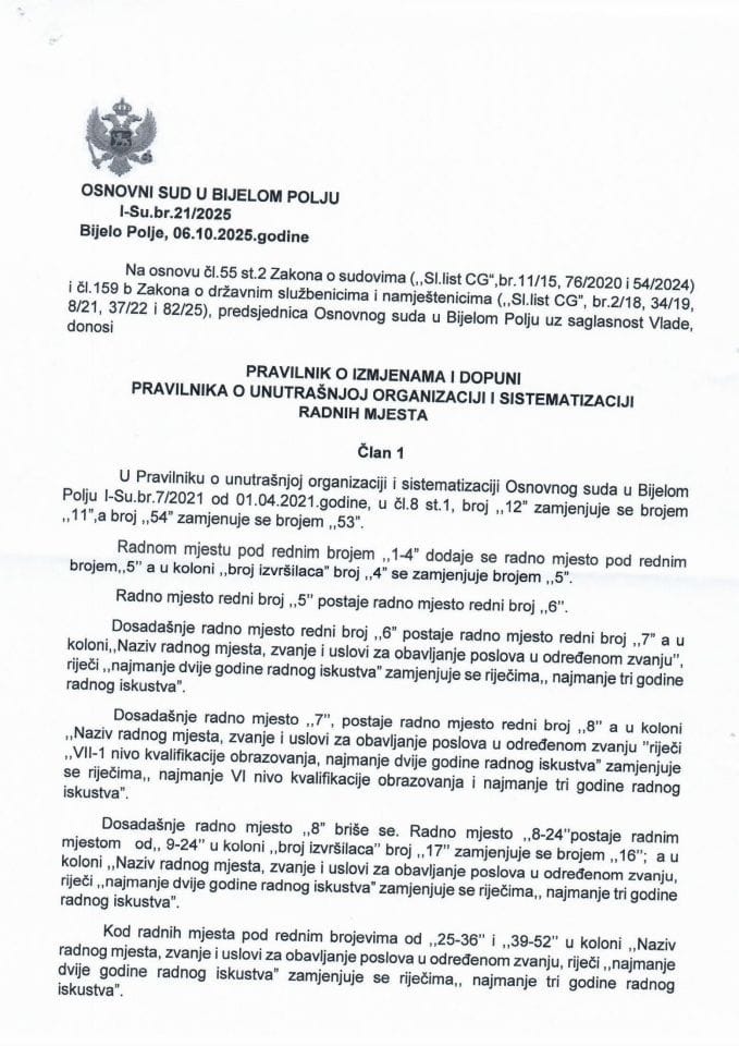 Предлог правилника о измјенама и допуни Правилника о унутрашњој организацији и систематизацији радних мјеста Основног суда у Бијелом Пољу