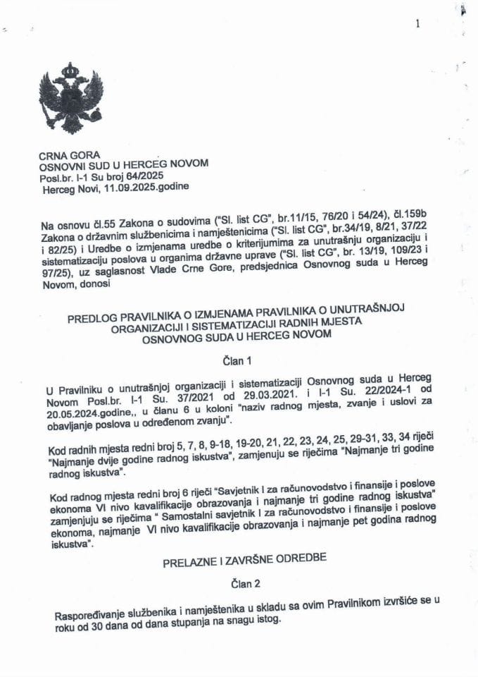 Предлог правилника о измјенама Правилника о унутрашњој организацији и систематизацији радних мјеста Основног суда у Херцег Новом