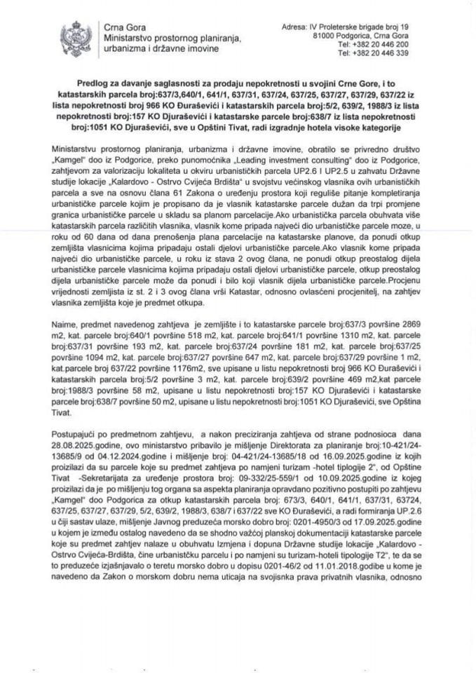 Предлог за давање сагласности за продају непокретности у својини Црне Горе у Општини Тиват ради изградње хотела високе категорије с Предлогом уговора