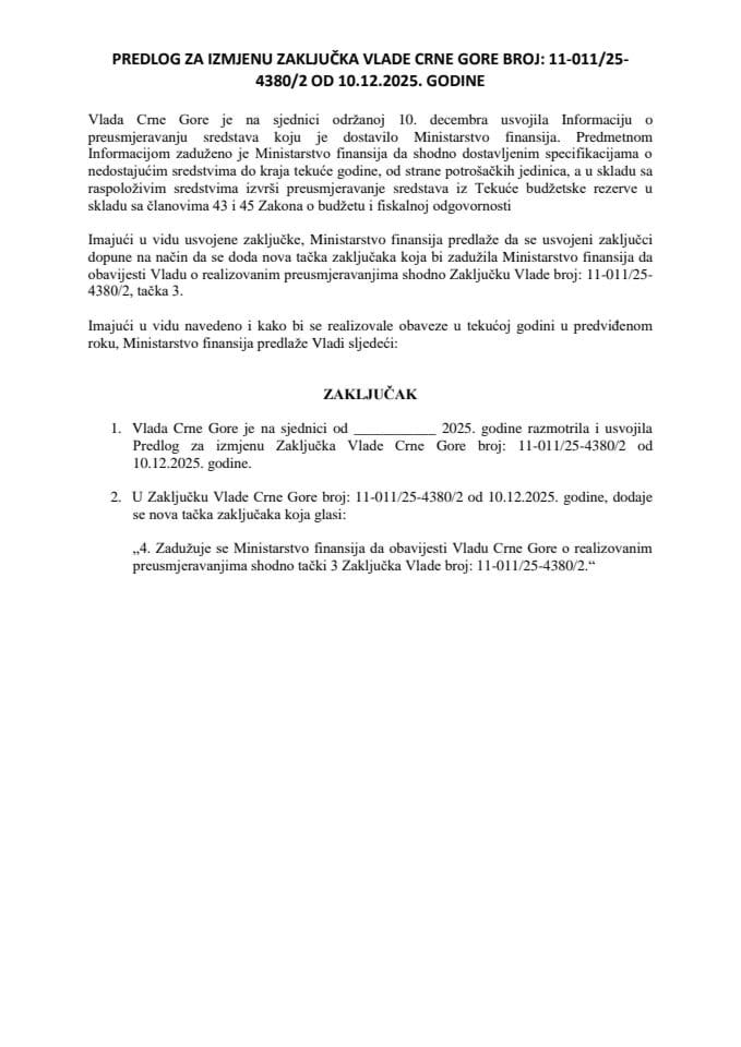 Predlog za izmjenu Zaključka Vlade Crne Gore, broj: 11-011/25-4380/2, od 10.12.2025. godine