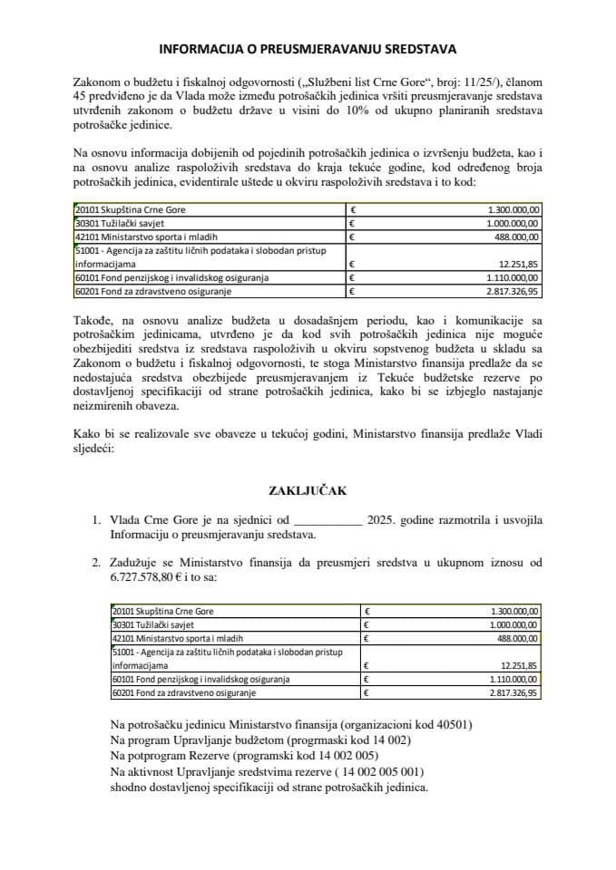 Informacija o preusmjeravanju sredstava