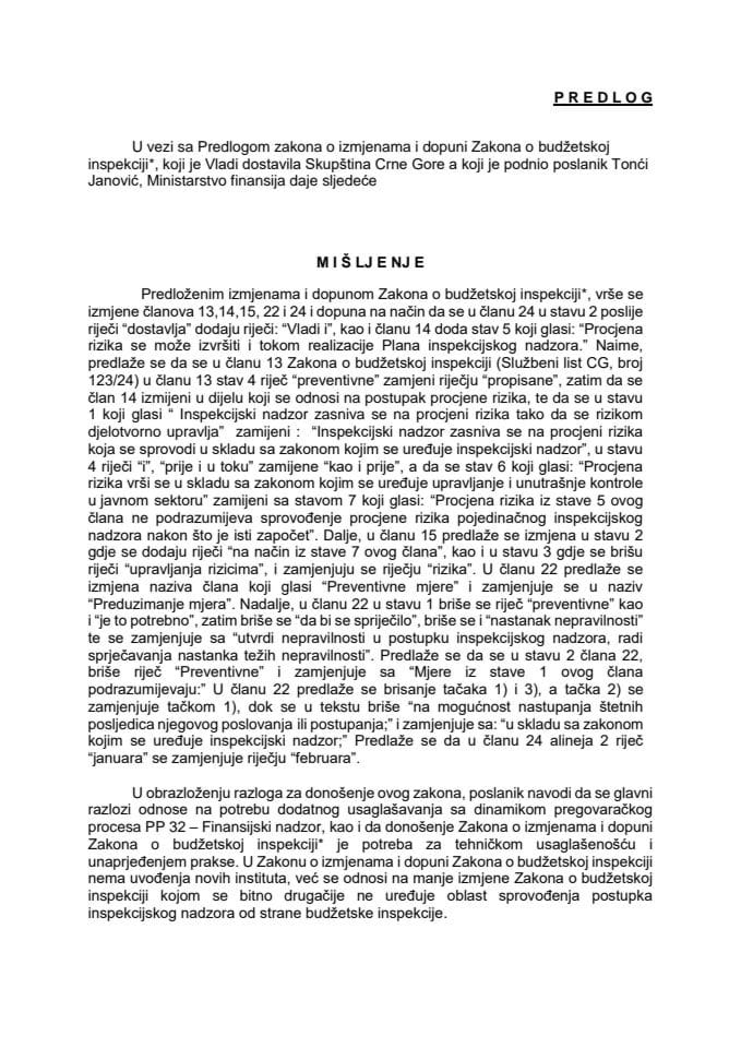 Predlog mišljenja na Predlog zakona o izmjenama i dopuni Zakona o budžetskoj inspekciji* (predlagač poslanik Tonći Janović)
