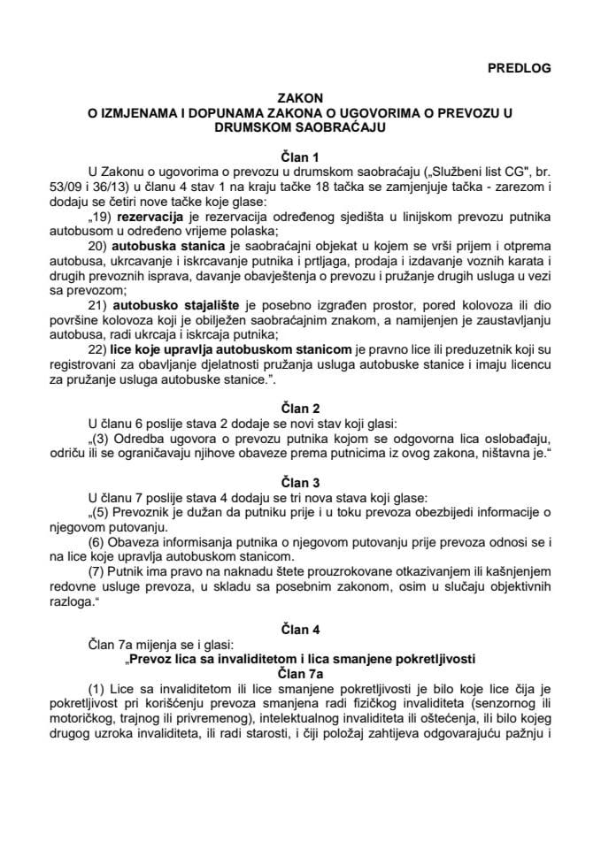 Predlog zakona o izmjenama i dopunama Zakona o ugovorima o prevozu u drumskom saobraćaju