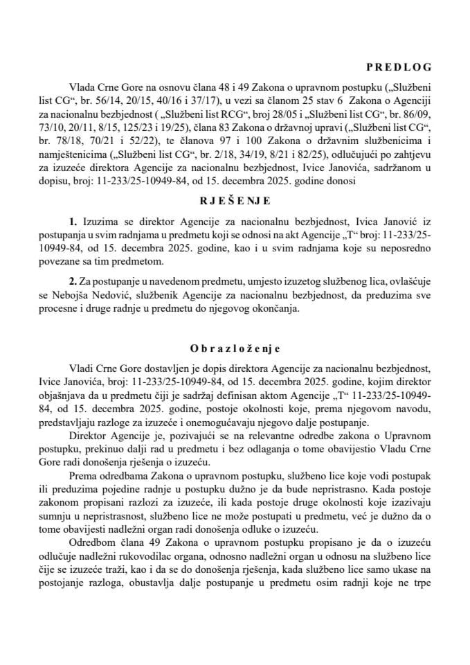 Predlog rješenja o izuzeću direktora Agencije za nacionalnu bezbjednost u postupku koji se vodi po aktu Agencije