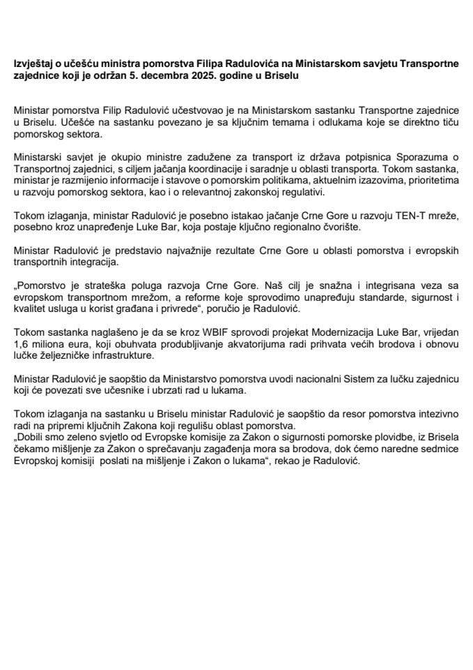 Izvještaj o učešću ministra pomorstva Filipa Radulovića na Ministarskom savjetu Transportne zajednice, koji je održan 5. decembra 2025. godine, u Briselu