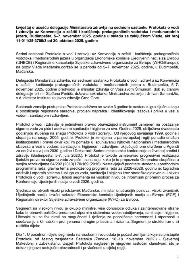 Izvještaj o učešću delegacije Ministarstva zdravlja na sedmom sastanku Protokola o vodi i zdravlju uz Konvenciju o zaštiti i korišćenju prekograničnih vodotoka i međunarodnih jezera, Budimpešta, 5 - 7. novembar 2025. godine