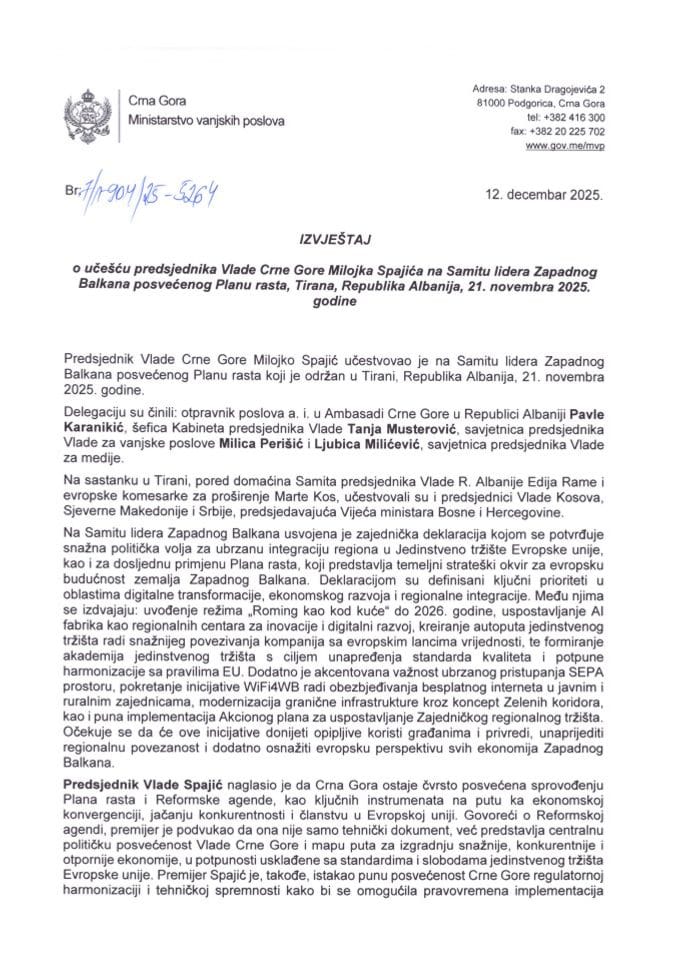 Izvještaj o učešću predsjednika Vlade Crne Gore Milojka Spajića na Samitu lidera Zapadnog Balkana posvećenog Planu rasta, Tirana, Republika Albanija, 21. novembra 2025. godine
