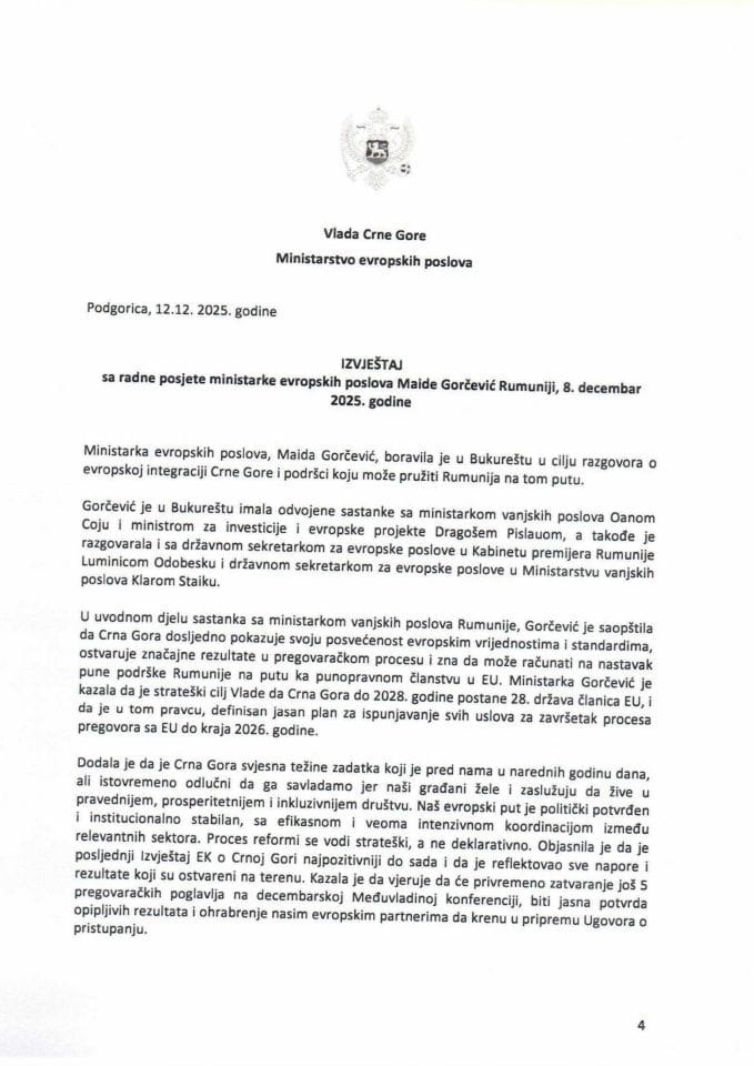 Izvještaj sa radne posjete ministarke evropskih poslova Maide Gorčević Rumuniji, 8. decembar 2025. godine