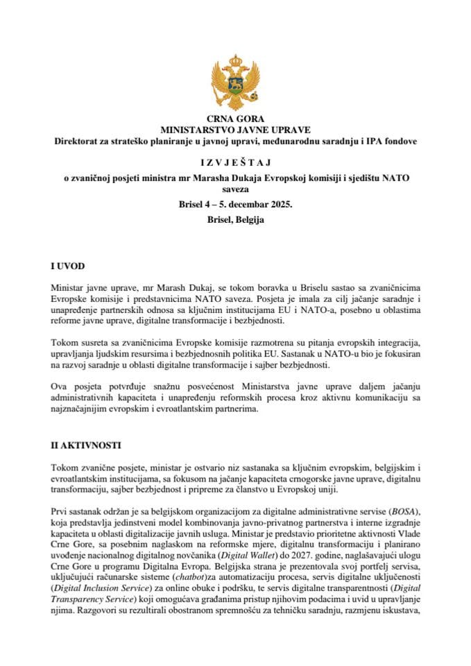 Извјештај о званичној посјети министра мр Marasha Dukaja Европској комисији и сједишту NATO савеза, 4 – 5. децембра 2025. године, Брисел, Белгија