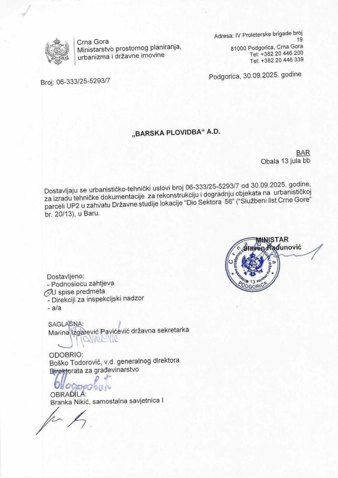 Izdati urbanističko-tehnički uslovi - 06_333_25_5293_2 Barska plovidba A.D
