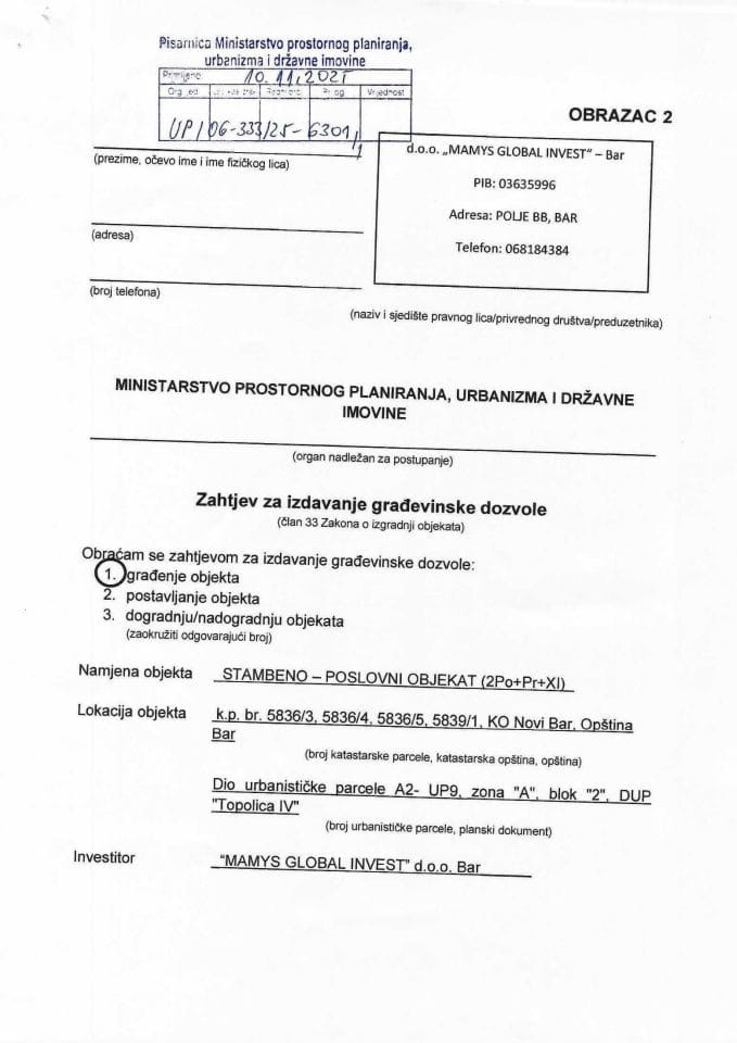 Zahtjevi za izdavanje građevinske dozvole - UPI 06_333_25_6301_1 DOO Mamys global Invest Bar