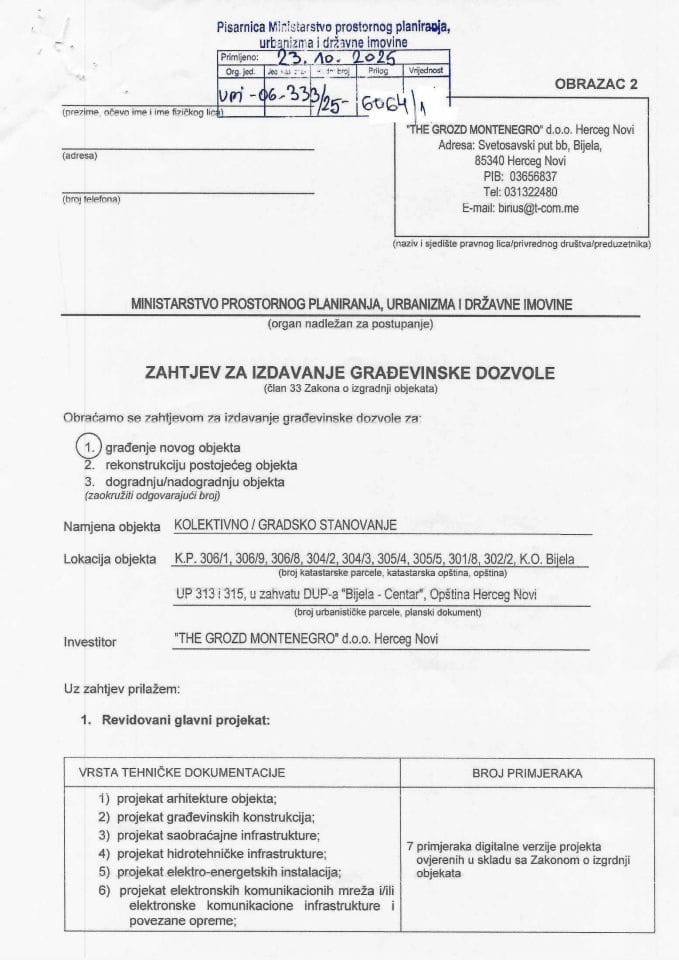 Zahtjevi za izdavanje građevinske dozvole - UPI 06_333_25_6064_1 THE Grozd Montenegro d.o.o.