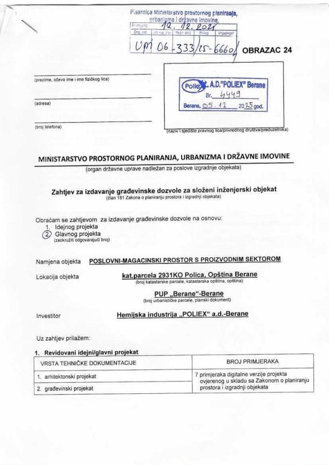 Zahtjevi za izdavanje građevinske dozvole - UPI_06_333_25_6660_1  AD POLIEX BERANE