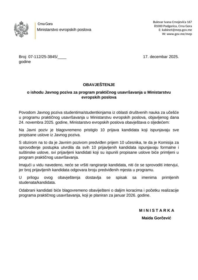 OBAVJEŠTENJE o ishodu Javnog poziva za program praktičnog usavršavanja u Ministarstvu evropskih poslova
