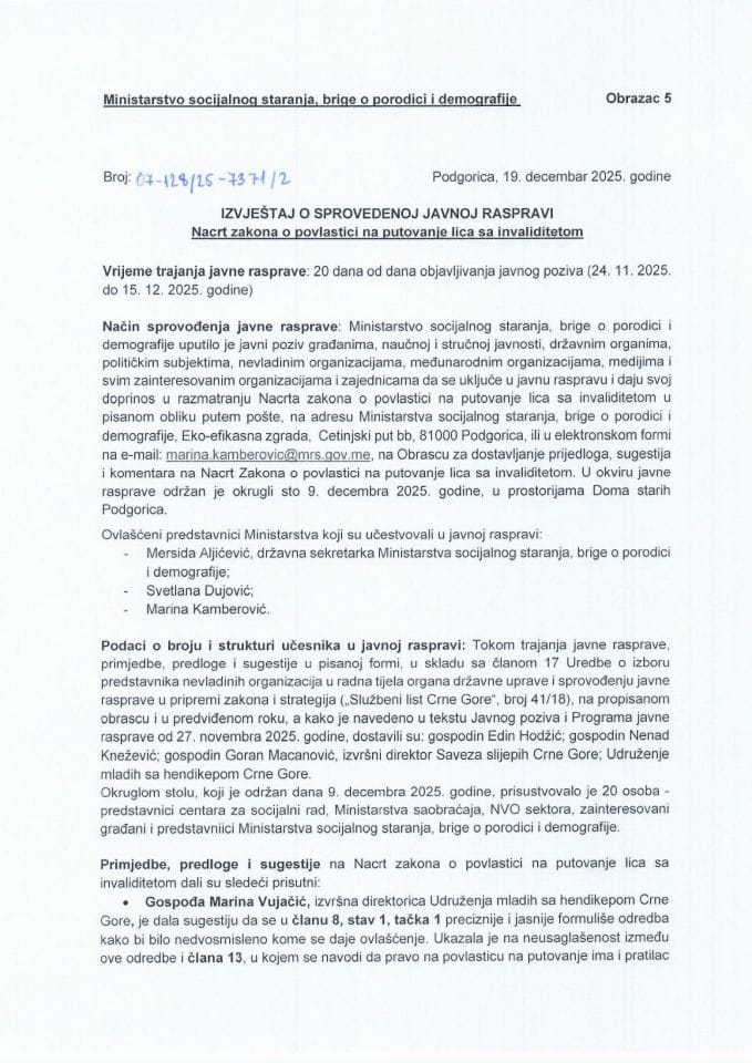 Izvještaj sa javne rasprave za Nacrt zakona o povlastici na putovanje lica sa invaliditetom