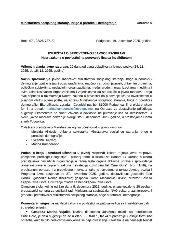 Izvještaj sa javne rasprave za Nacrt zakona o povlastici na putovanje lica sa invaliditetom WORD