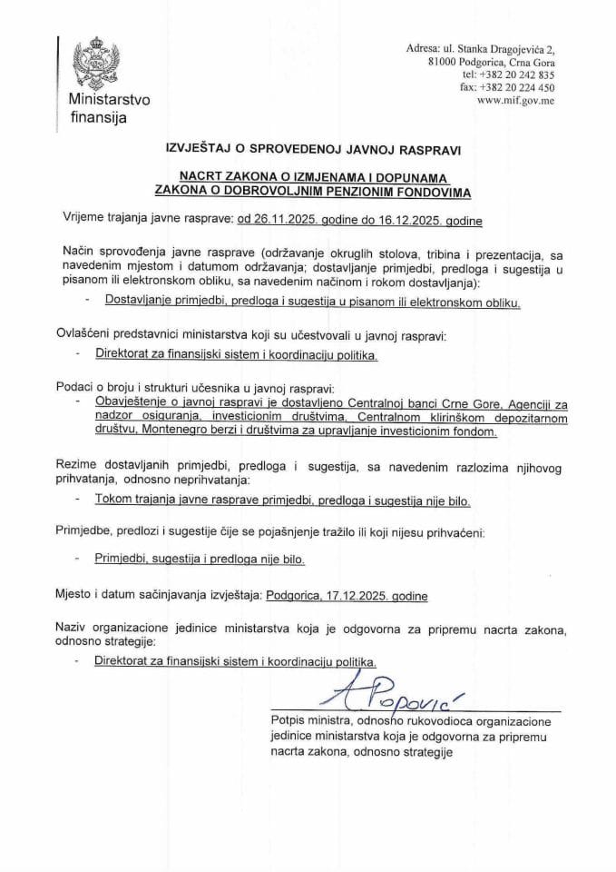 Извјештај о спроведеној јавној расправи о Нацрту закона о измјенама и допунама Закона о добровољним пензионим фондовима