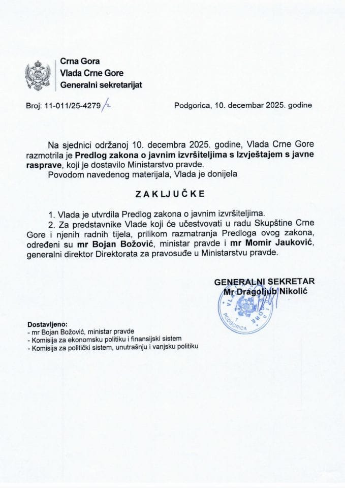 Предлог закона о јавним извршитељима с Извјештајем са јавне расправе - Закључци
