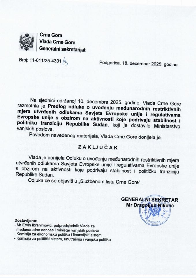 Предлог одлуке о увођењу међународних рестриктивних мјера утврђених одлукама Савјета Европске уније и регулативама Европске уније с обзиром на активности које подривају стабилност и политичку транзицију Републике Судан - Закључци