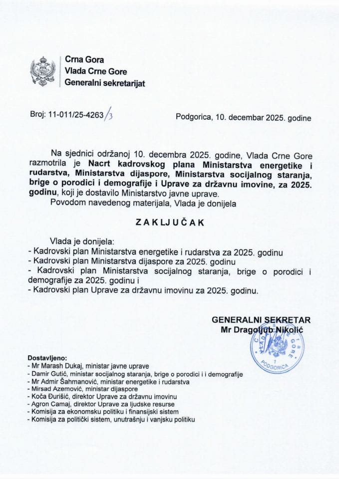 Nacrt kadrovskog plana Ministarstva energetike i rudarstva, Ministarstva dijaspore, Ministarstva socijalnog staranja, brige o porodici i demografije i Uprave za državnu imovinu, za 2025. godinu - Zaključci