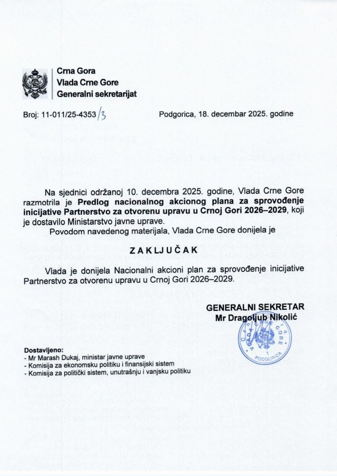 Predlog nacionalnog akcionog plana za sprovođenje inicijative Partnerstvo za otvorenu upravu u Crnoj Gori 2026 – 2029 - Zaključci