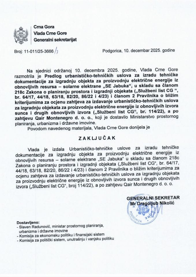 Predlog urbanističko-tehničkih uslova za izradu tehničke dokumentacije za izgradnju objekta za proizvodnju električne energije iz obnovljivih resursa – solarne elektrane „SE Jabuka“ - Zaključci