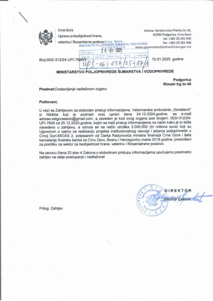 Zahtjev za SPI Veterinarska ambulanta Gorašević UPI-16-037-25-17-1