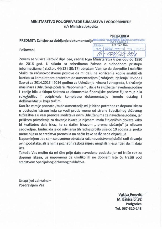 Zahtjev za SPI Vukica Perović UPI-16-037-25-38-1