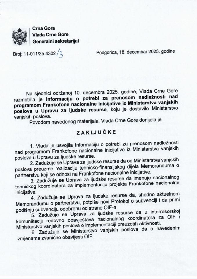 Informacija o potrebi za prenosom nadležnosti nad programom Frankofone nacionalne inicijative iz Ministarstva vanjskih poslova u Upravu za ljudske resurse - Zaključci