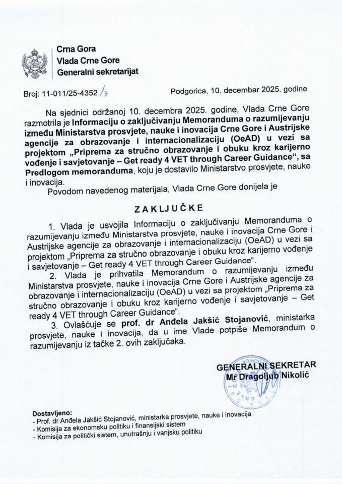 Informacija o zaključivanju Memoranduma o razumijevanju između Ministarstva prosvjete, nauke i inovacija Crne Gore i Austrijske agencije za obrazovanje i internacionalizaciju (OeAD) - Zaključci