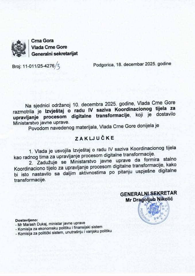 Izvještaj o radu IV saziva Koordinacionog tijela, kao radnog tima, za upravljanje procesom digitalne transformacije - Zaključci