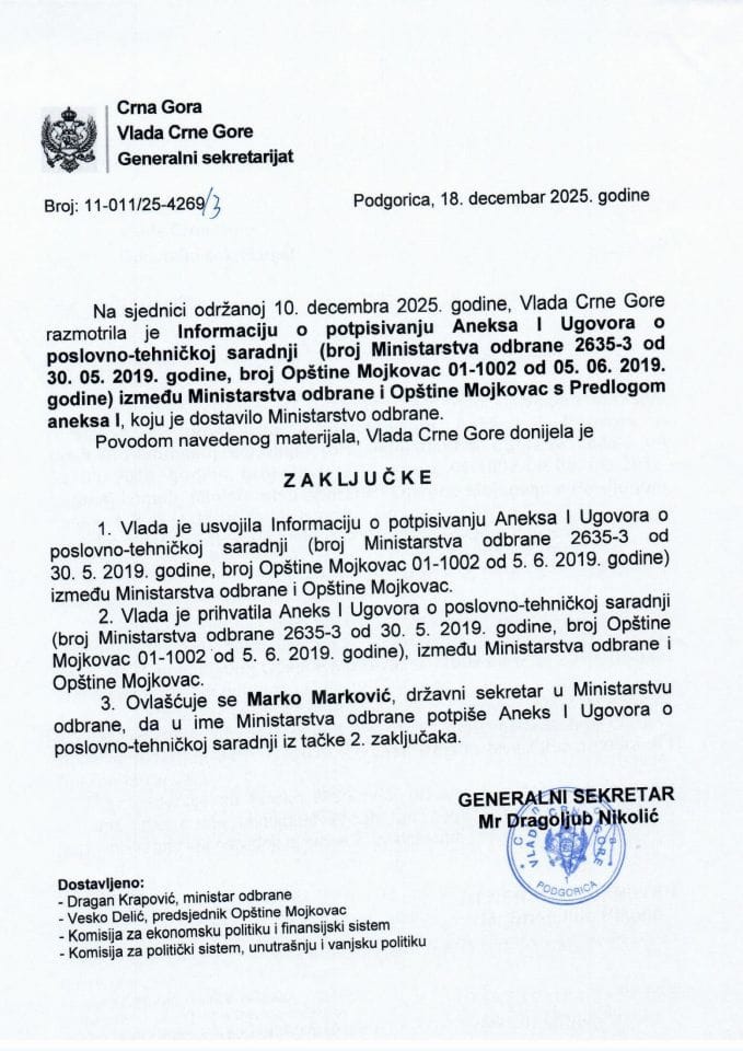 Информација о потписивању Анекса И Уговора о пословно-техничкој сарадњи (број Министарства одбране 2635-3 од 30.05.2019.године, број Општине Мојковац 01-1002 од 05.06.2019.године) између Министарства одбране и Општине Мојковац - Закључци