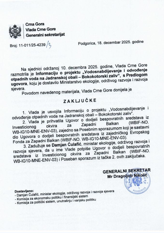 Informacija o projektu „Vodosnabdijevanje i odvođenje otpadnih voda na Jadranskoj obali - Bokokotorski zaliv“ s Predlogom ugovora - Zaključci