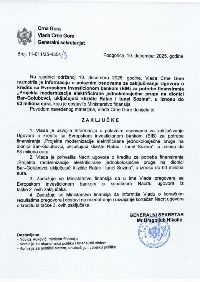 Informacija o polaznim osnovama za zaključivanje Ugovora o kreditu sa Evropskom investicionom bankom (EIB) za potrebe finansiranja „Projekta modernizacije elektrificirane jednokolosječne pruge na dionici Bar-Golubovci - Zaključci