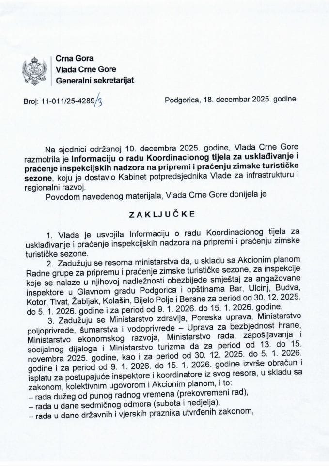 Informacija o radu Koordinacionog tijela za usklađivanje i praćenje inspekcijskih nadzora na pripremi i praćenju zimske turističke sezone - Zaključci