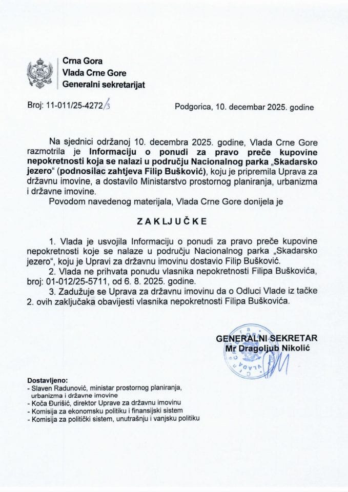 Informacija o ponudi za pravo preče kupovine nepokretnosti koje se nalaze u području Nacionalnog parka „Skadarsko jezero“ (podnosilac zahtjeva Filip Bušković) - Zaključci