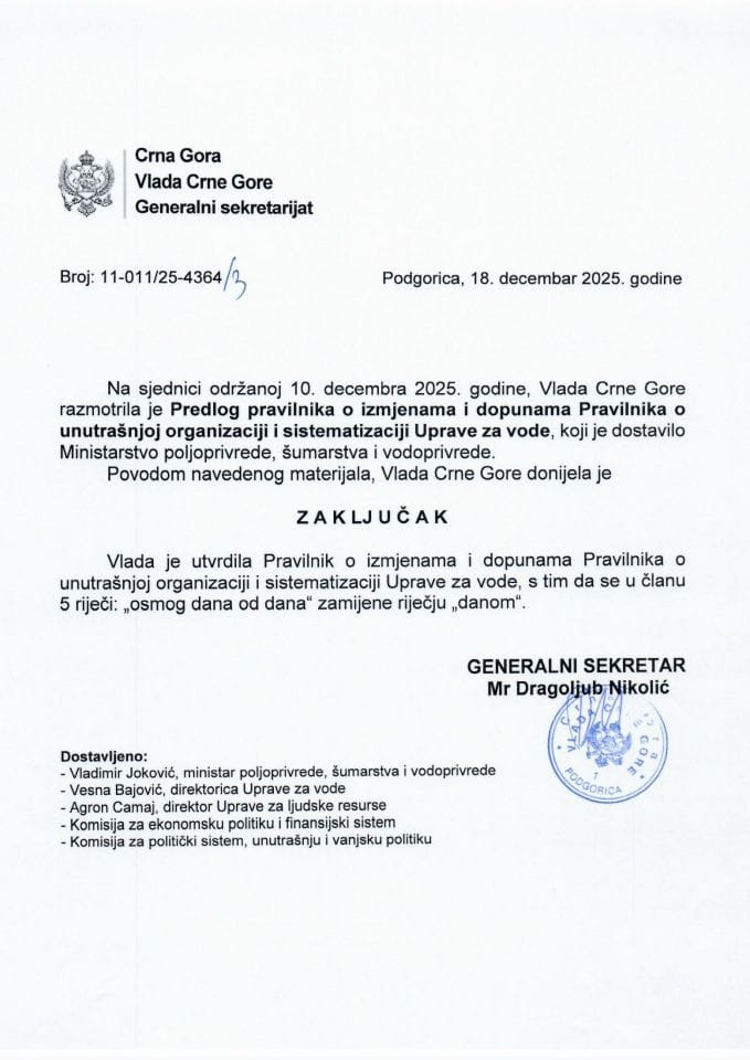 Predlog pravilnika o izmjenama i dopunama Pravilnika o unutrašnjoj organizaciji i sitematizaciji Uprave za vode - Zaključci