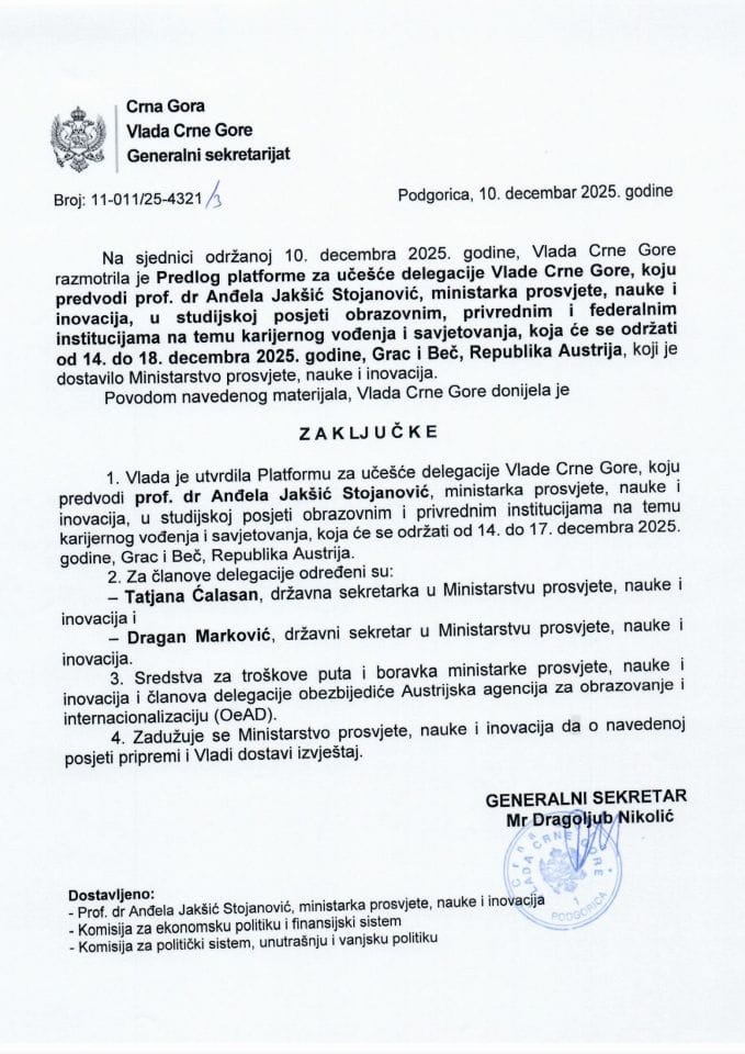 Predlog platforme za učešće delegacije Vlade Crne Gore, koju predvodi prof. dr Anđela Jakšić-Stojanović, ministarka prosvjete, nauke i inovacija, u studijskoj posjeti obrazovnim, privrednim i federalnim institucijama na temu karijernog vođenja - Zaključci