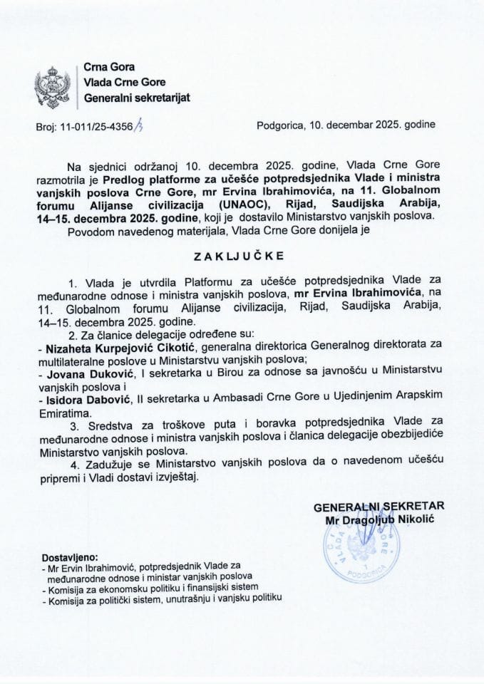 Predlog platforme za učešće potpredsjednika Vlade i ministra vanjskih poslova Crne Gore mr Ervina Ibrahimovića na 11. Globalnom forumu Alijanse civilizacija (UNAOC), Rijad, Saudijska Arabija, 14-15. decembar 2025. godine - Zaključci