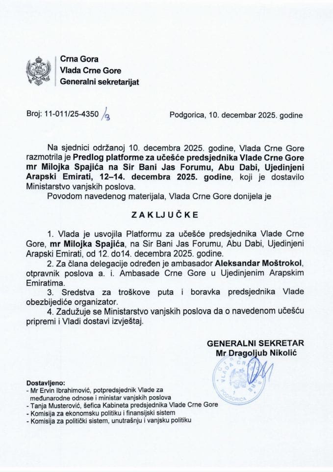 Predlog platforme za učešće predsjednika Vlade Crne Gore mr Milojka Spajića na Sir Bani Jas Forumu, Abu Dabi, Ujedinjeni Arapski Emirati, 12-14. decembar 2025. godine - Zaključci