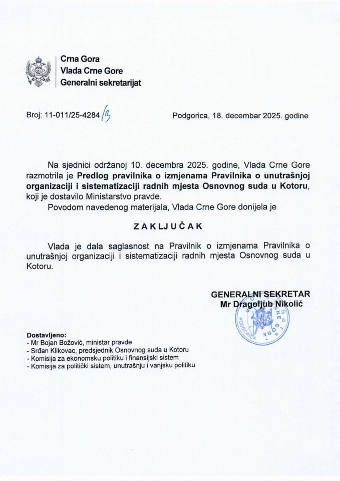 Predlog pravilnika o izmjenama Pravilnika o unutrašnjoj organizaciji i sistematizaciji radnih mjesta Osnovnog suda u Kotoru - Zaključci