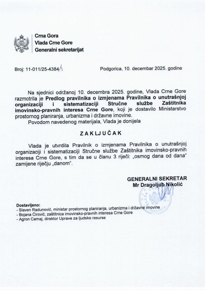 Predlog pravilnika o izmjenama Pravilnika o unutrašnjoj organizaciji i sistematizaciji Stručne službe Zaštitnika imovinsko-pravnih interesa Crne Gore - Zaključci
