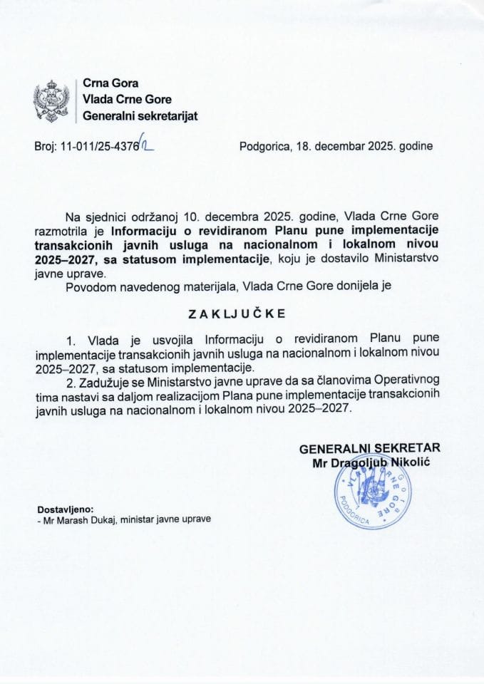 Informacija o revidiranom Planu pune implementacije transakcionih javnih usluga na nacionalnom i lokalnom nivou 2025-2027, sa statusom imlementacije - Zaključci