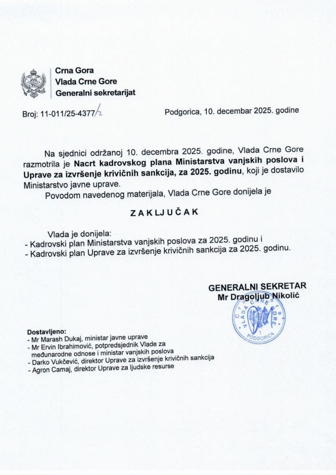 Nacrt kadrovskog plana Ministarstva vanjskih poslova i Uprave za izvršenje krivičnih sankcija, za 2025. godinu - Zaključci