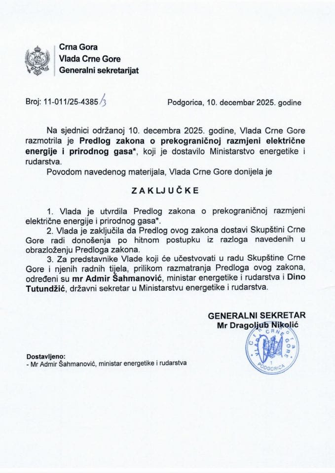 Predlog zakona o prekograničnoj razmjeni električne energije i prirodnog gasa s Izvještajem sa javne rasprave - Zaključci